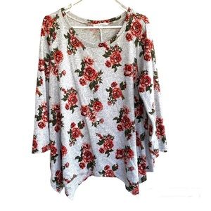 Women Floral Sweater Size 1X Tunic Shark Hem Crew Neck Grey Pullover